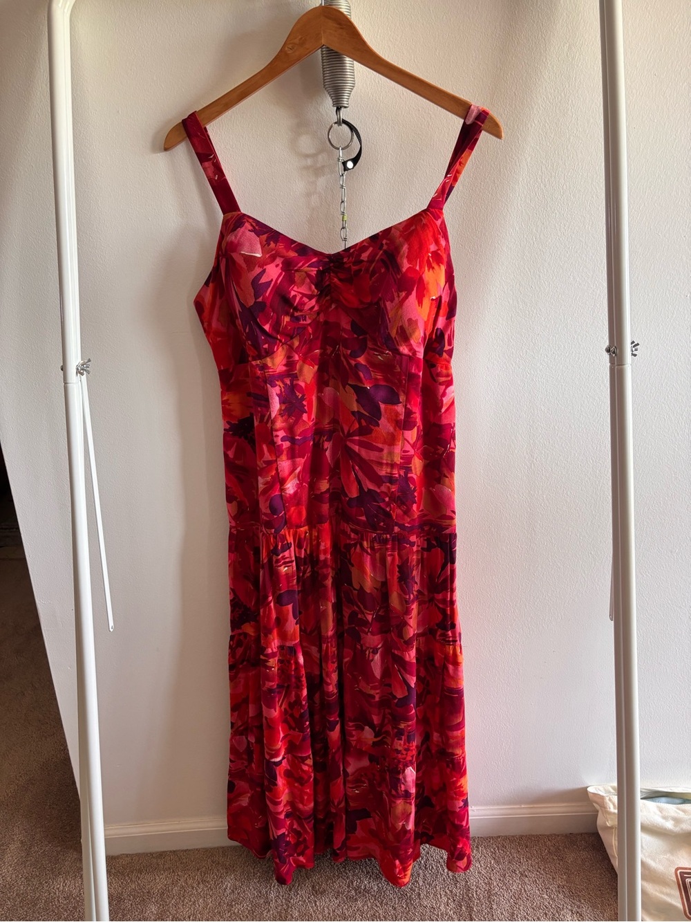 Studio 1940 Red Abstract Floral Tiered Midi Dress Size 14 V-Neck